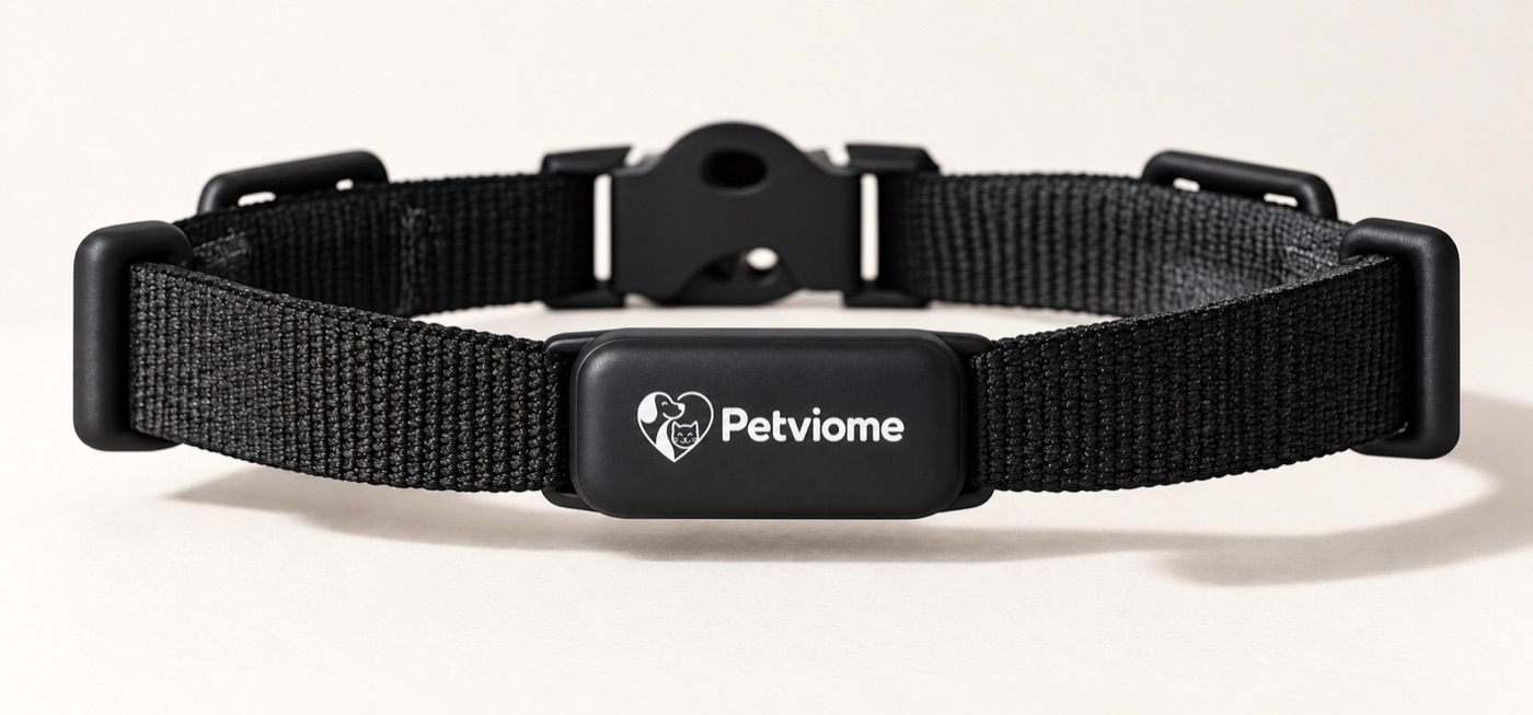 The PetViome smart collar: a black strap with the PetViome sensor module