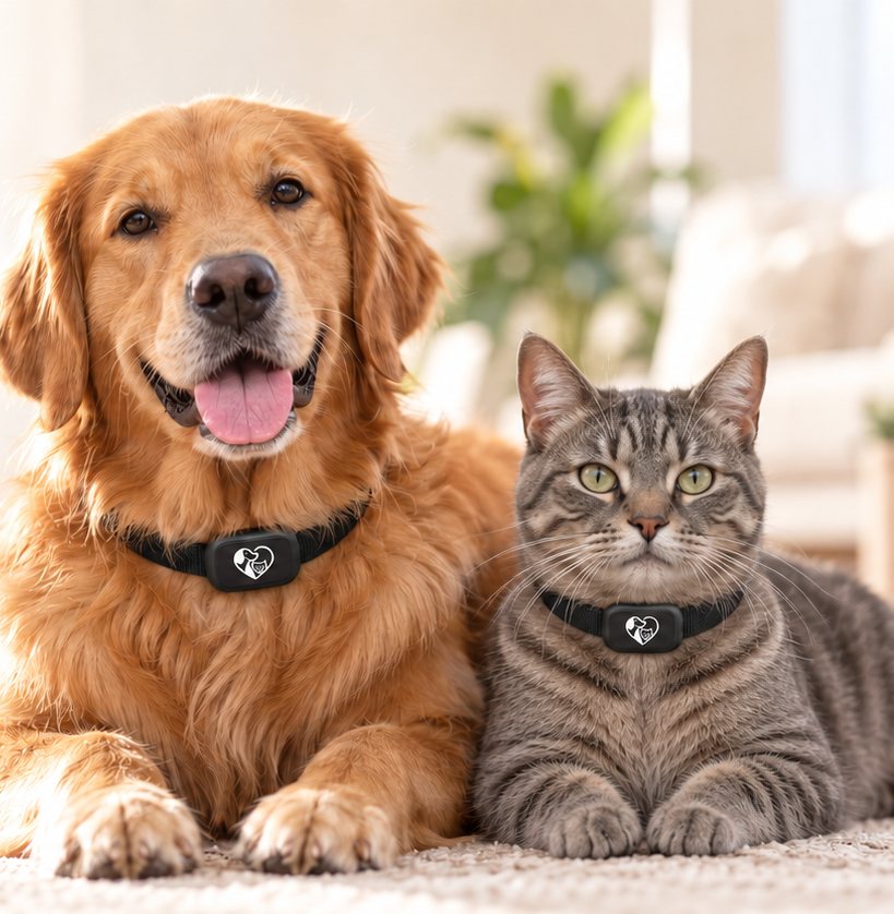A golden retriever and a tabby cat lying together, both wearing PetViome collars